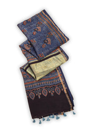 Slate Blue Ajrakh Printed Silk Cotton Saree 10076504