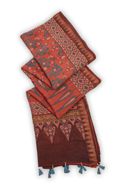 Tangerine Red Ajrakh Printed Silk Cotton Saree With Floral Motifs And Temple Zari Border 10076512