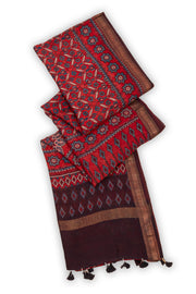 Coral Red Ajrakh Printed Silk Cotton Saree With Floral Motifs And Zari Border 10076513