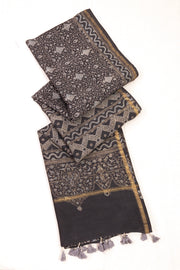 Midnight Smoke Black Ajrakh Printed Silk Cotton Saree With Floral Motifs And Zari Border 10076514