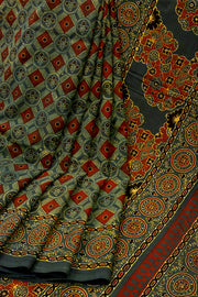 Forest Earth Green Ajrakh Printed Mulmul Cotton Saree With Floral Border 10076524