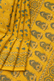 Festival Yellow Ajrakh Printed Mulmul Cotton Saree With Floral Border 10076526