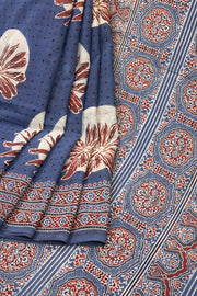 Storm Blue Ajrakh Printed Mulmul Cotton Saree With Floral Border 10076527