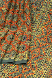 Earthy Sage Green Ajrakh Printed Mulmul Cotton Saree With Geometric Border 10076528