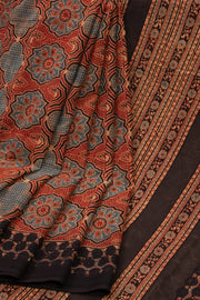 Multi Color Ajrakh Printed Mulmul Cotton Saree With Geometric Border 10076529