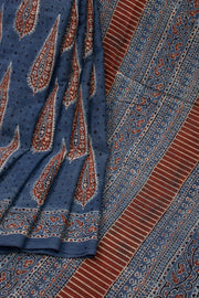 Nightfall Blue Ajrakh Printed Mulmul Cotton Saree With Floral Border 10076530