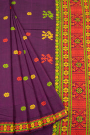 Plum Purple Handloom Assam Cotton Saree With Floral Border 10076537
