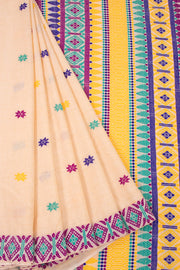 Cream Handloom Assam Cotton Saree With Geometric Border 10077595