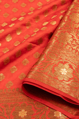 Sunburst Red Handloom Banarasi Dupion Silk Saree With Floral Border 10076558