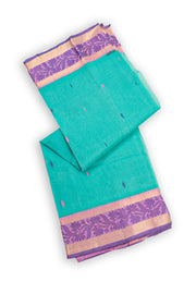 Aqua Teal Green Bengal Handwoven Cotton Saree With Floral Border 10076577