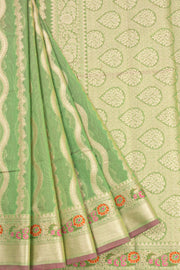 Woodland Green Handloom Banarasi Cotton Saree With Floral Border 10076579