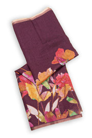 Smoked Rosewood Brown Printed Design Linen Saree With Floral Motifs 10076582