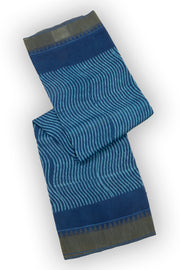 Nightfall Blue Handblock Printed Silk Cotton Saree With Waves lines and Temple Border 10076598