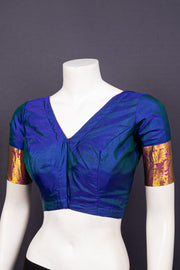 Midnight Royale Blue Kanjivaram Silk Blouse With Floral Zari Border 10076609