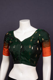 Forest Night Green Kanjivaram Soft Silk Blouse With Geometric Motifs 10076614