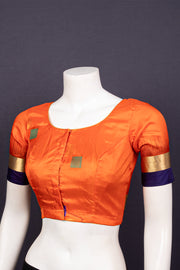 Saffron Glow Orange Kanjivaram Soft Silk Blouse With Geometric Motifs 10076619