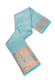 Aqua Sky Blue Monotone Kanjivaram Pure Silk Saree With Floral Design And Peacock Border 10076726