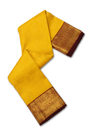 Sunkissed Gold Yellow Kanjivaram Pure Silk Saree With Contrast Royal Wine Maroon Border And Blouse 10076732