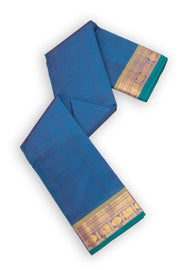Midnight Ocean Blue Kanjivaram Pure Silk Saree With Stripes Design And Peacock Border 10076747