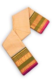 Soft Almond Beige Kanjivaram Pure Silk Saree With Stripes Design And Thandavalam Border 10076759