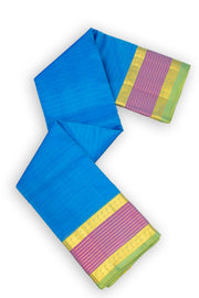 Deep Azure Blue Kanjivaram Pure Silk Saree With Stripes Design And Thandavalam Border 10076760