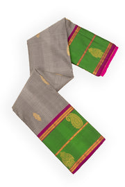 Mushroom Grey Kanjivaram Pure Silk Saree With Stripes Design And Thandavalam Border 10076769