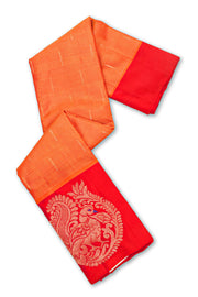 Papaya Mist Orange Handloom Kanjivaram Soft Silk Saree With Stripes Design And Peacock Border 10076784