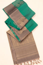 Deep Cyan Green Handloom Kanjivaram Soft Silk Saree With Leaf Motifs Design And Leaf Border 10076795