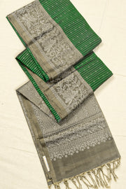 Forest Fern Green Handloom Kanjivaram Soft Silk Saree With Striped-Geometric Design And Floral Border 10076820