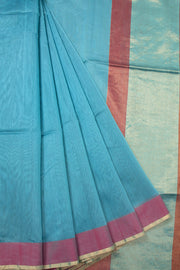 Blue Handloom Chanderi Silk Cotton Saree With Ganga Jamuna Border 10073081