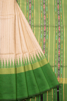 Beige Handloom Khadi Tussar Silk Saree with Ikat Pallu 10073091
