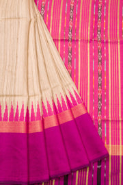 Beige Handloom Khadi Tussar Silk Saree with Ikat Pallu 10073092