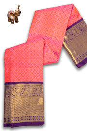 Brilliant Pink Korvai Kanjivaram Pure Zari Handloom Silk Saree with Diamond Motifs and Contrast Violet Border 10074742