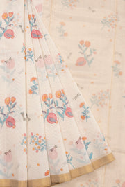 Cream Handloom Printed Chanderi Silk Cotton Saree