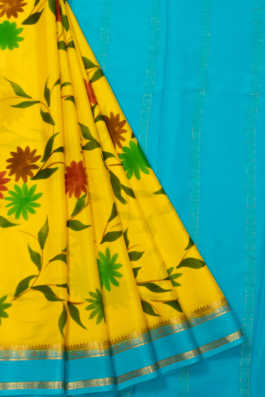 Yellow Hand Painted Mysore Crepe Silk Saree - Avishya
