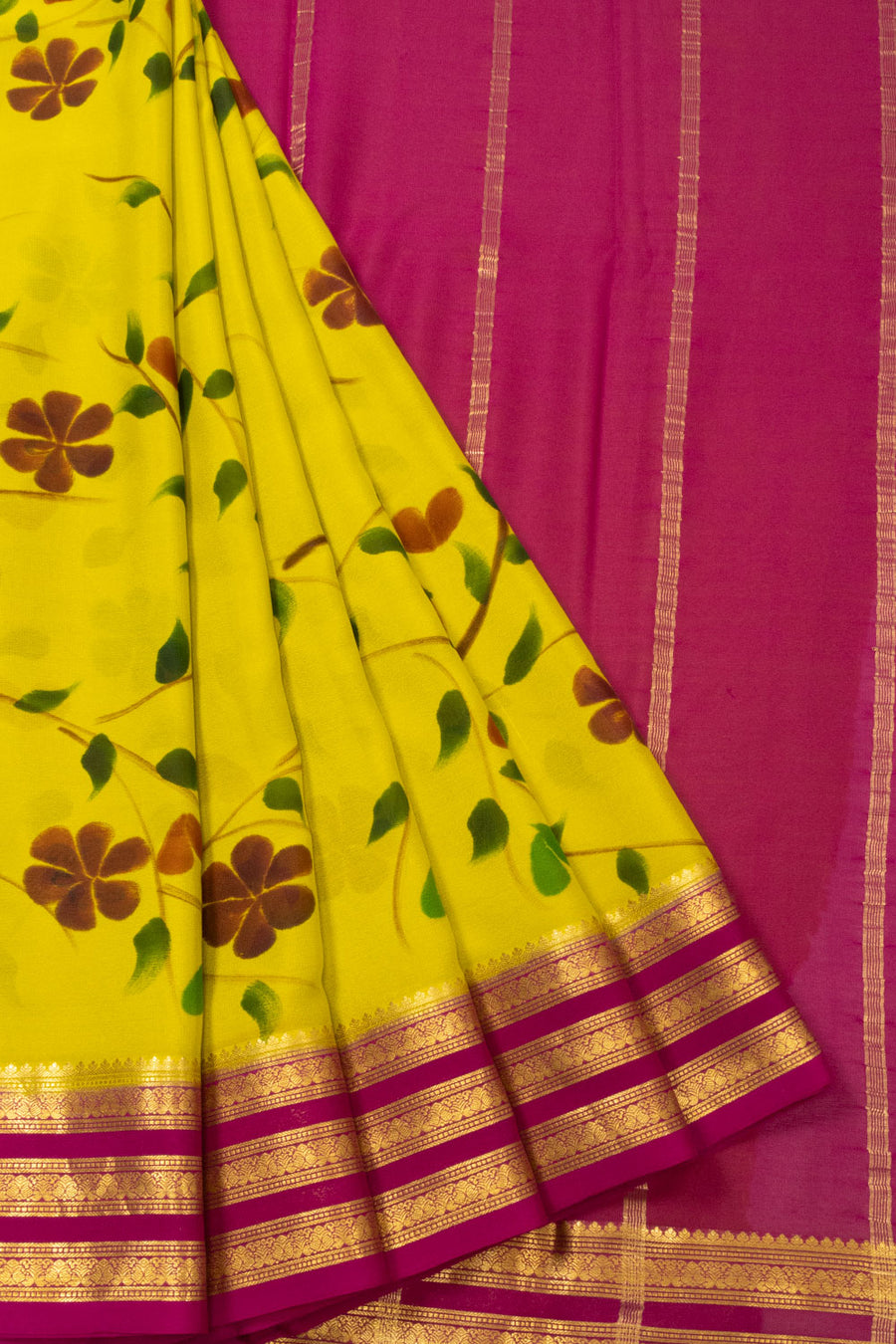 Bright Yellow Hand Painted Mysore Crepe Silk Saree - Avishya