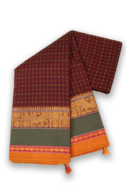 Maroon Handloom Chettinad Cotton Saree Without Blouse 10075064