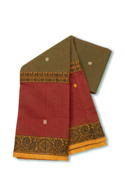 Brown Handloom Chettinad Cotton Saree Without Blouse 10075189