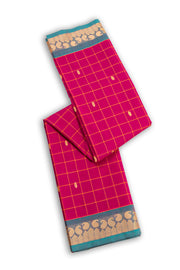 Raspberry Magenta Handloom Chettinad Cotton Saree With Checks And Paisley Border 10075849
