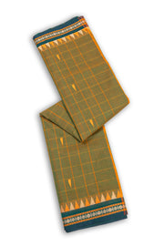 Autumn Olive Green Handloom Chettinad Cotton Saree With Checks And Temple Border 10075855