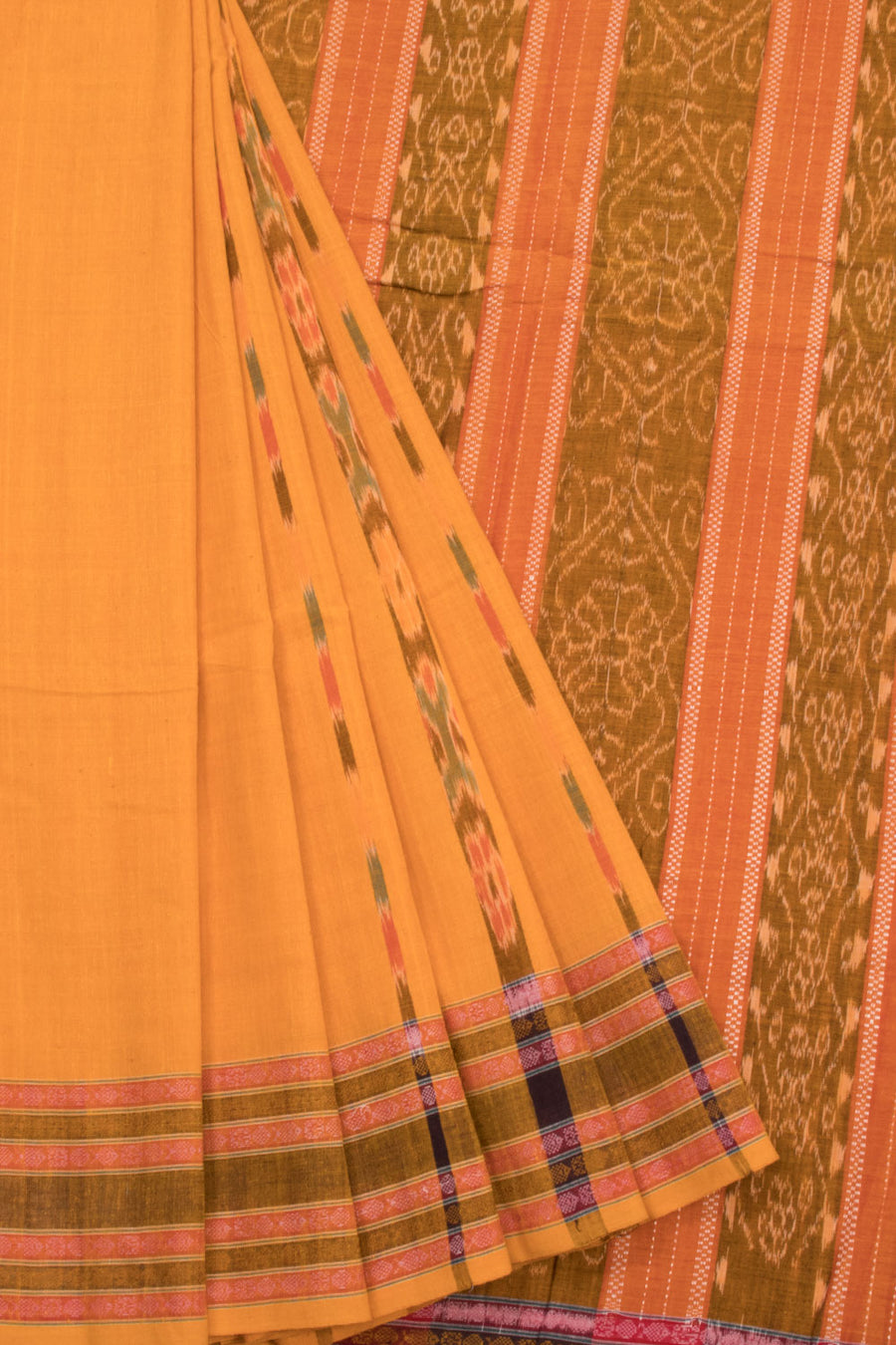 Sunset Yellow Handloom Maniabandha Ikat Cotton Saree