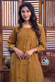 Ochre Yellow Hand Embroidered Cotton Kurta 10062671