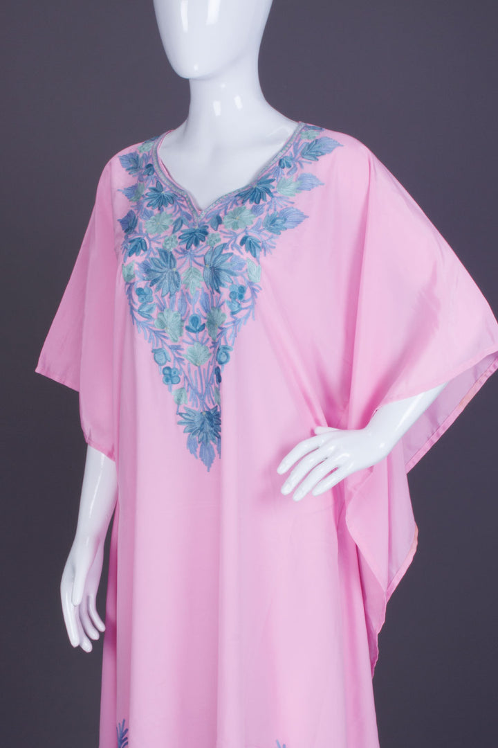 Pink Sozni Embroidered Crepe Silk Kaftan - Avishya