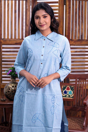 Powder Blue Embroidered Cotton Shirt Style Kurta 10062699