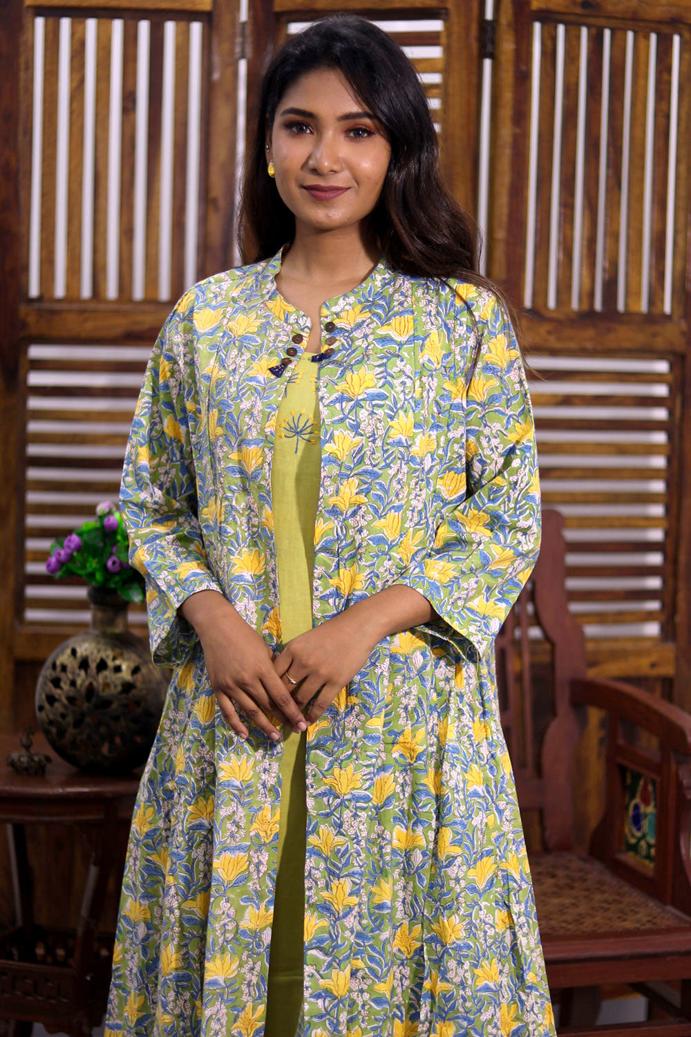 Pista Green Hand Block Printed Cotton Dress With Jacket 10062676