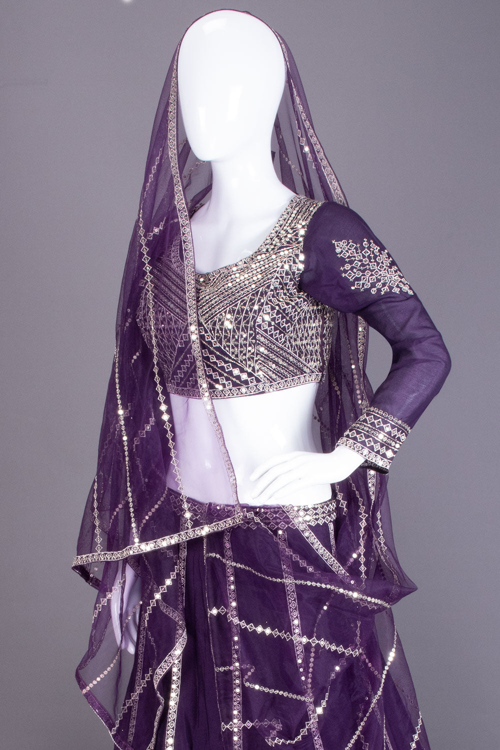 Purple Net Silk Embroidered Lehenga 10068663