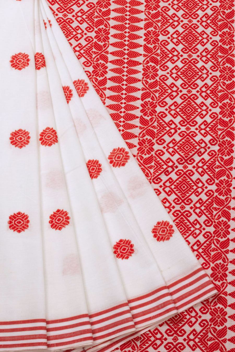 White Handloom Assam Cotton Saree - Avishya