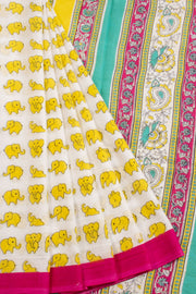 White Hand Block Printed Cotton Saree 10069087 - Avishya