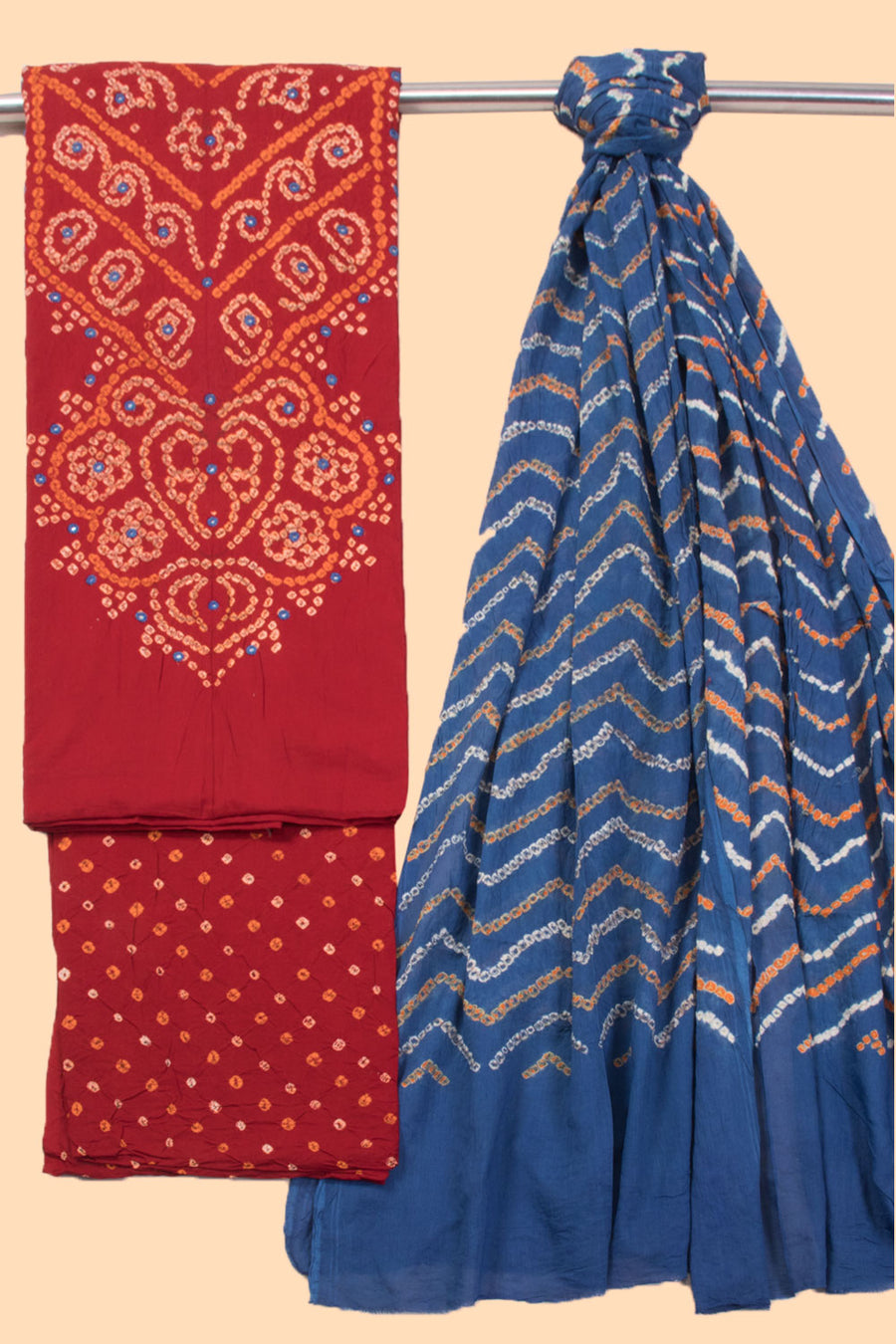 Red Bandhani Cotton 3-Piece Salwar Suit Material -Avishya