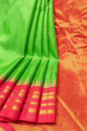 Parrot Green Gadwal Kuttu Handloom Silk Saree With Temple Border 10077204